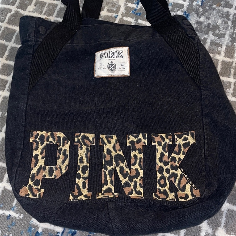 PINK Victoria's Secret Black Tote with Leopard Print Logo